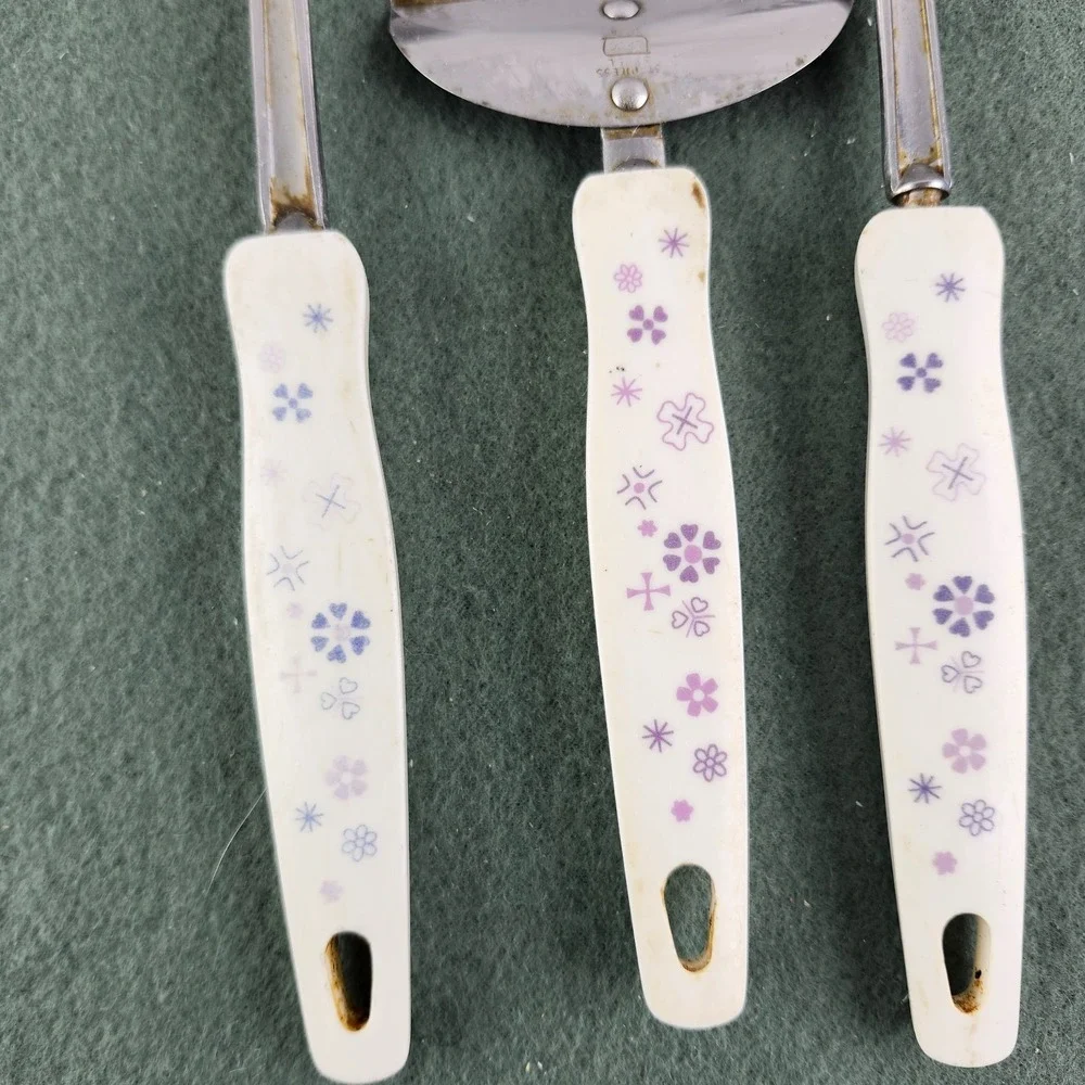 Vintage EKCO USA Stainless Steel Serving Utensils - White & Purple Handle